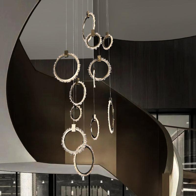 JC Primary Crystal Cluster 12 Rings Staircase Chandelier