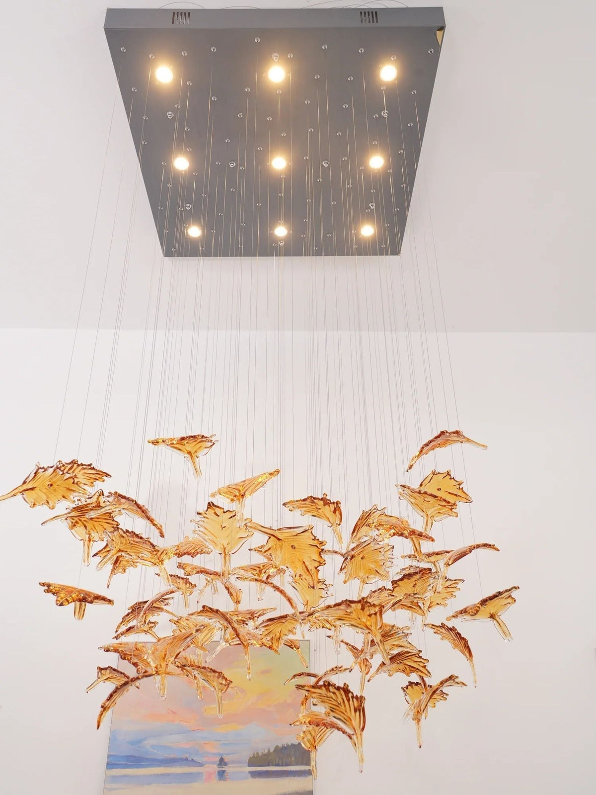Multicolor Maple Leaf Art Glass Large Oversize Chandelier - Merlin Lamps
