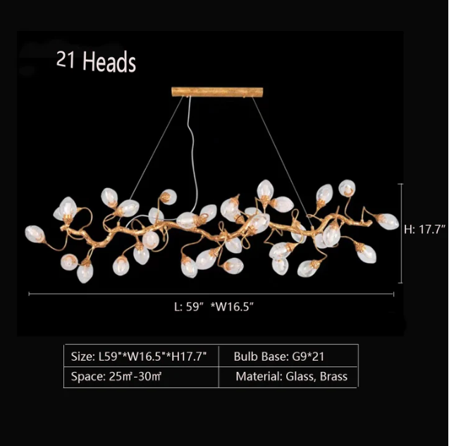 21Heads: L59.0"*W16.5"*H17.7" chandelier,chandeliers,pendant,ceiling,chain,adjustable,long table,big table,big,huge,large,oversize,eggs,branch,brass,glass,air bubble,art