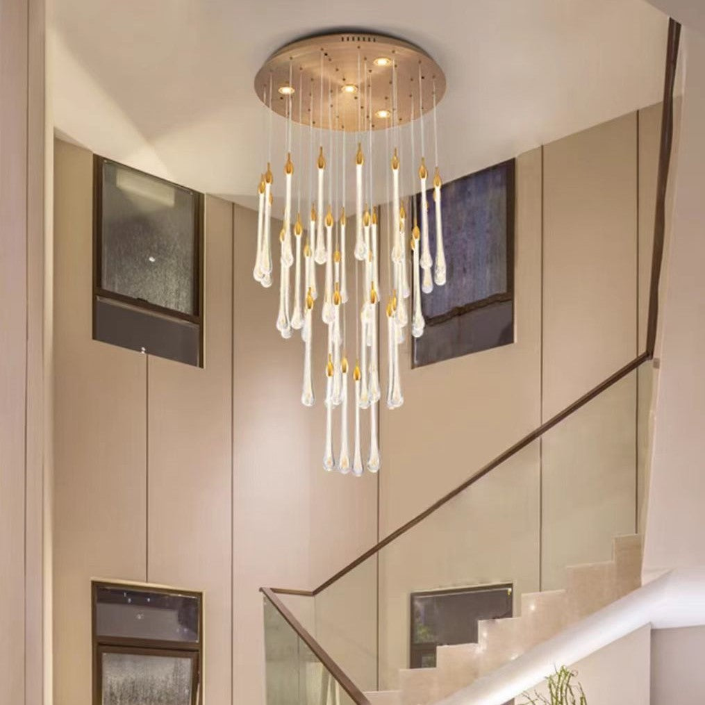 Modern Long Gold Glass Rain Rod Pendant Light for Staircase/High-ceiling room