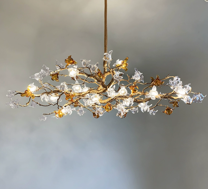 Designer Favorite Brass Branch Chandelier with Artistic Flower Glass for Dining Room Living Room and Kitchen Island