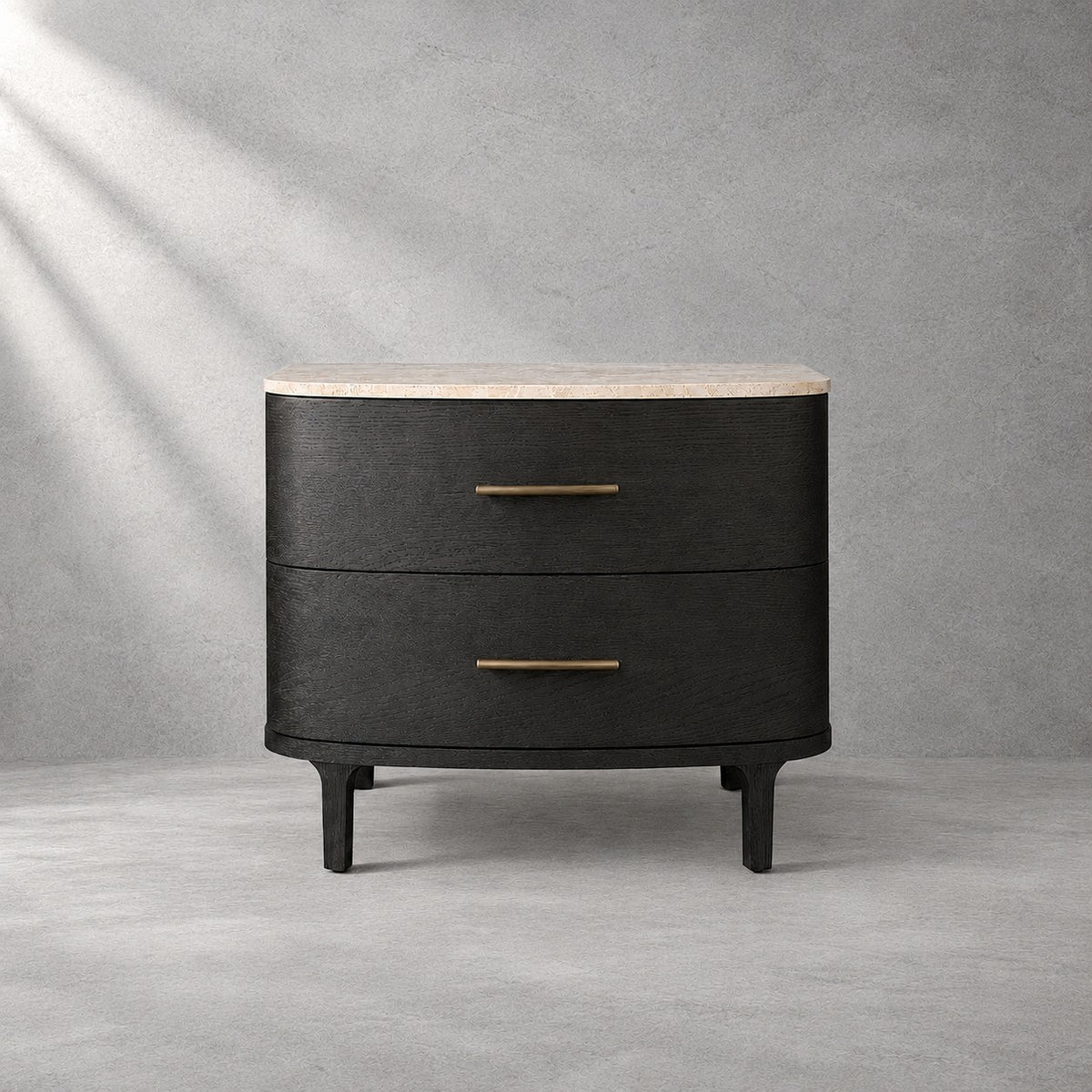 Two-Drawer Marble Top Bedside Table With Brass Pulls