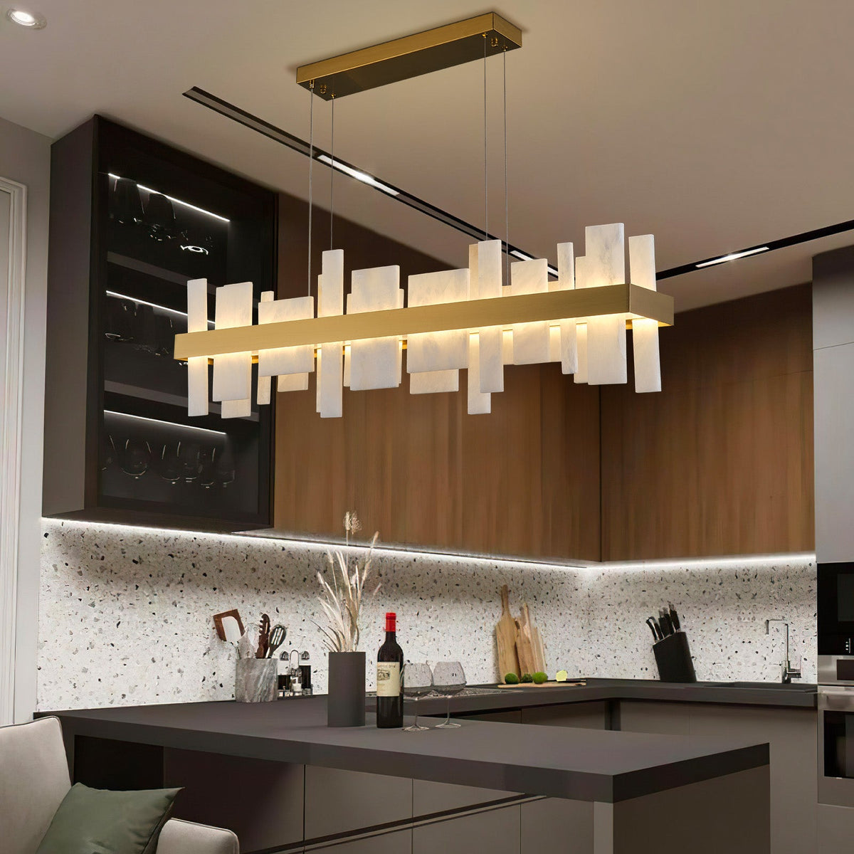 Linear Alabaster and Gold Stainless Steel Dining Chandelier