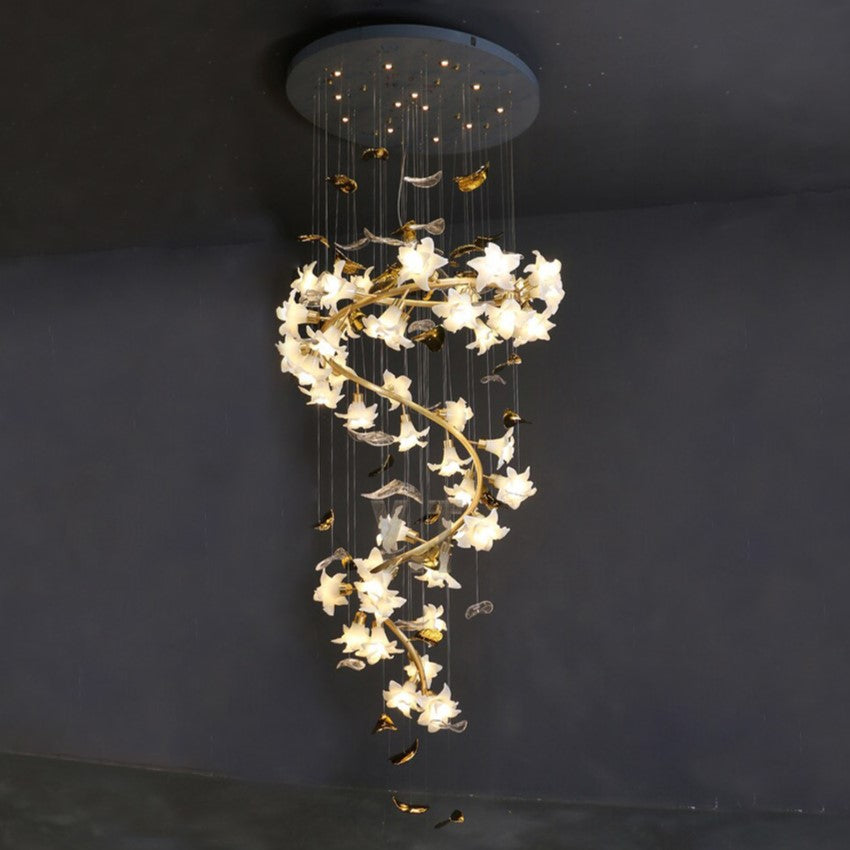 Ceramic Flower Chandelier in Artistic Brass Branch Design