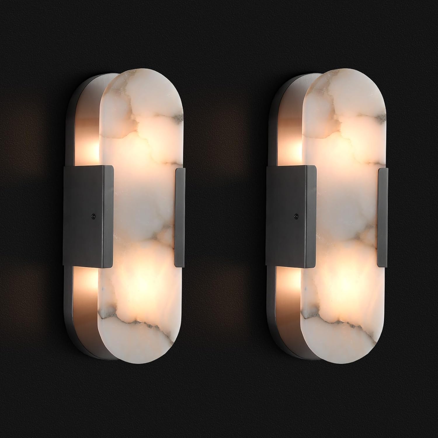 Black Alabaster Wall Sconces Set: Natural Marble Bedside Lighting Fixtures