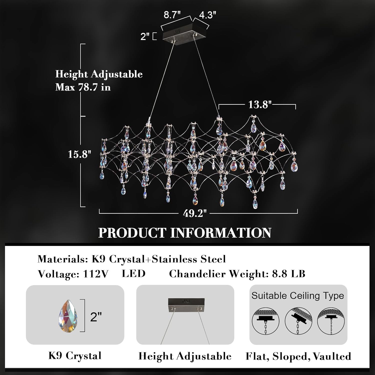 Large Silver Rectangle Crystal Chandelier 49.2" Modern Luxury Raindrop Light