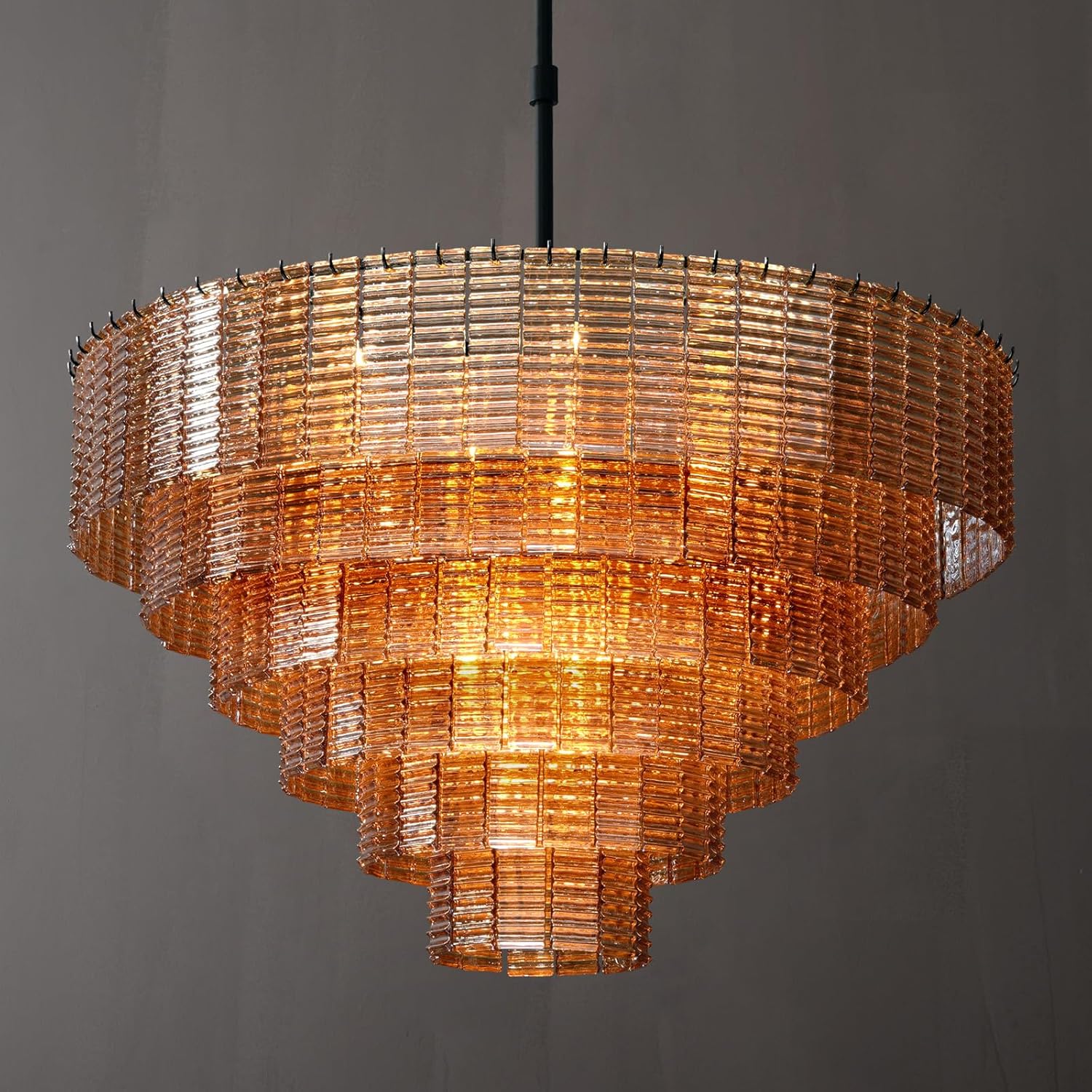 41" Extra Large 18-Light Amber Glass Black Round Chandelier