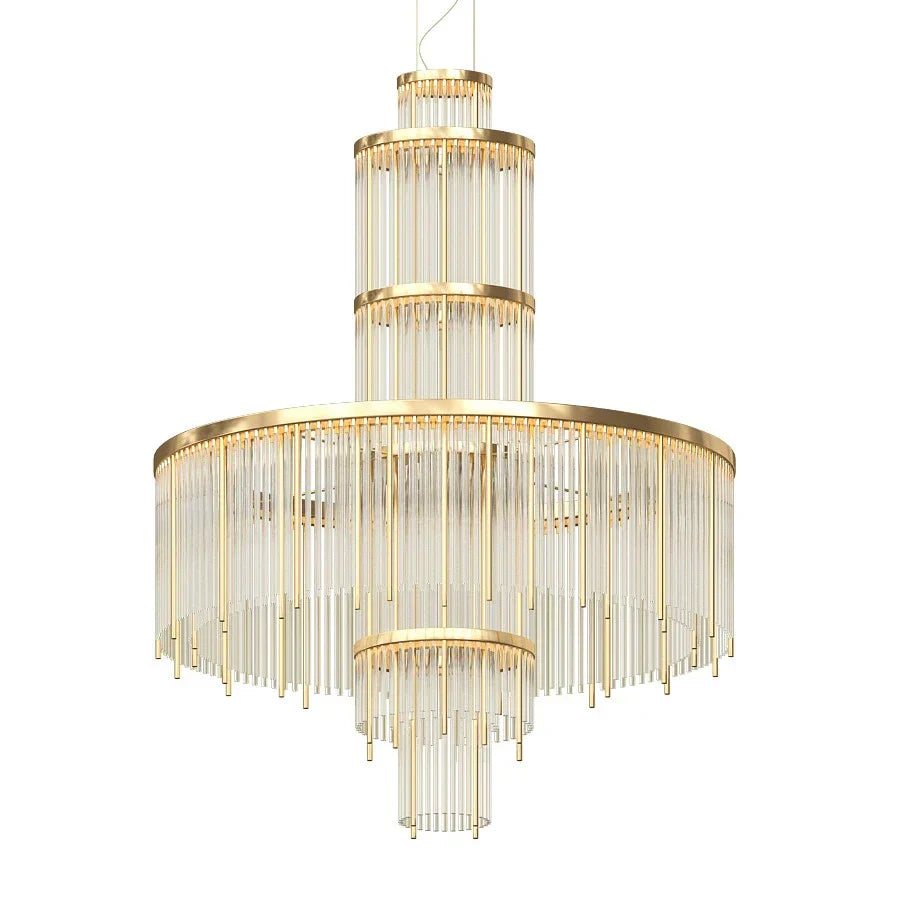 Modern Multi-layered Glass&Metal Rods Chandelier for High-ceiling