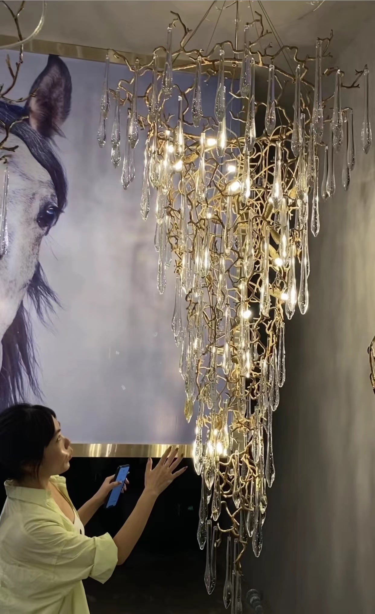 Modern Oversized Luxury Copper Crystal Long Crystal Branch Air Bubble Drop Staircase Light fixture