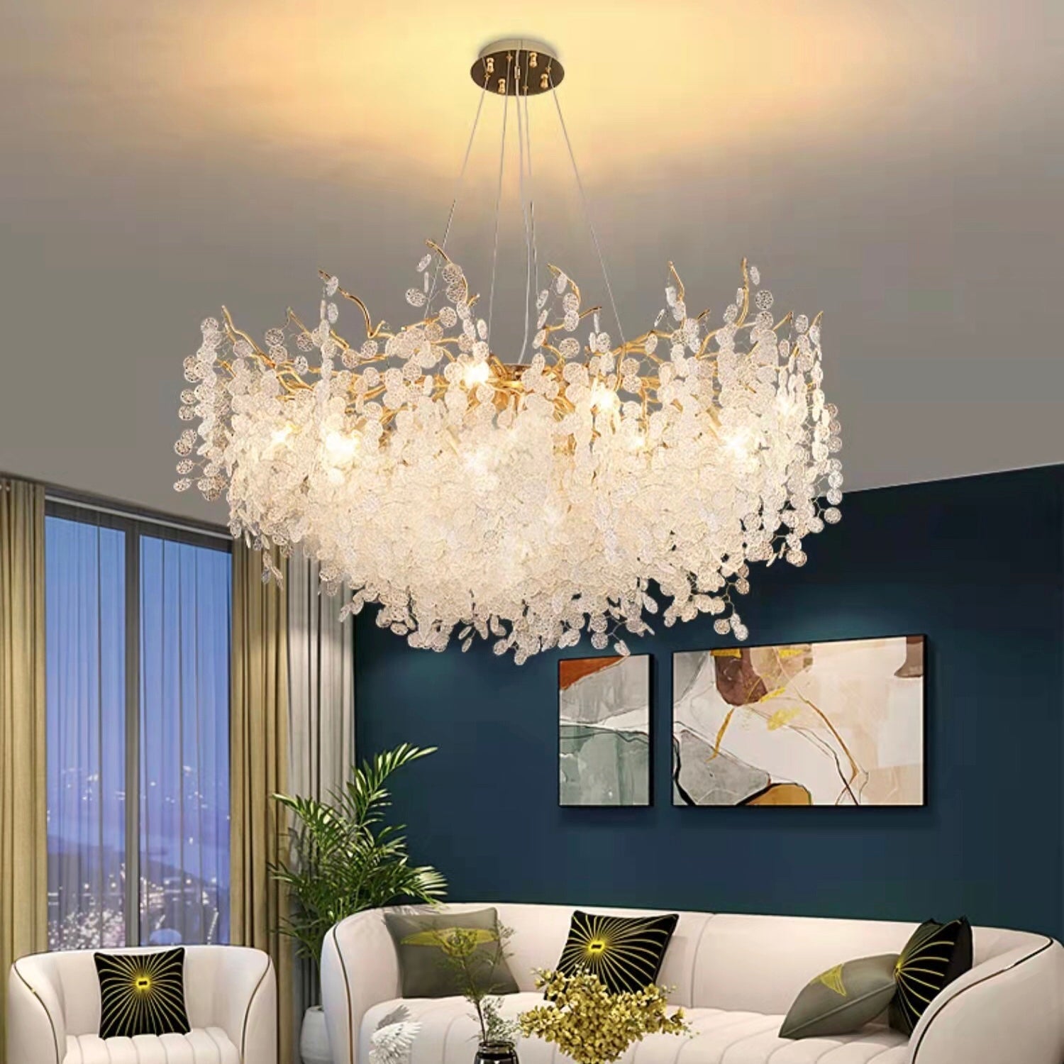 Luxury Branches Crystal Frosted Glass Chandelier Set for Living and Dining Room