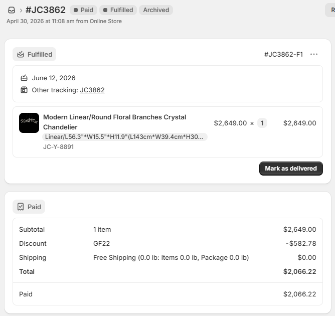 Shipping cost for the new light body- JC3862
