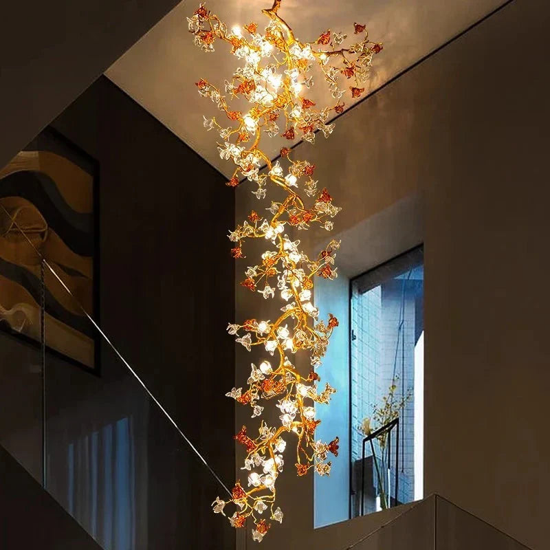 Verdant Branch Copper Vine Glass Flower Stairwell Chandelier