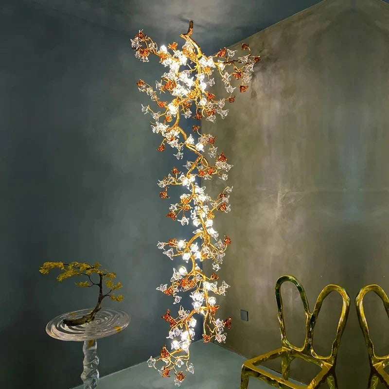 Verdant Branch Copper Vine Glass Flower Stairwell Chandelier