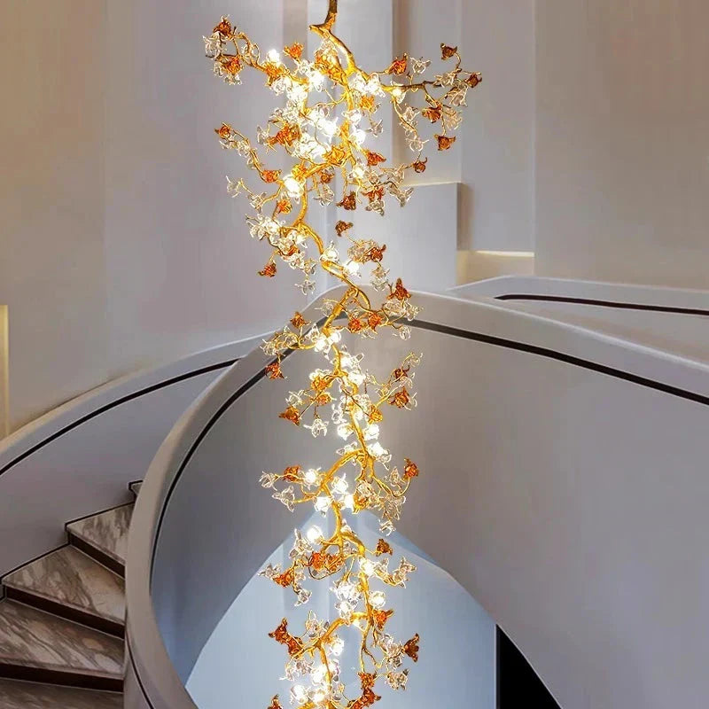 Verdant Branch Copper Vine Glass Flower Stairwell Chandelier