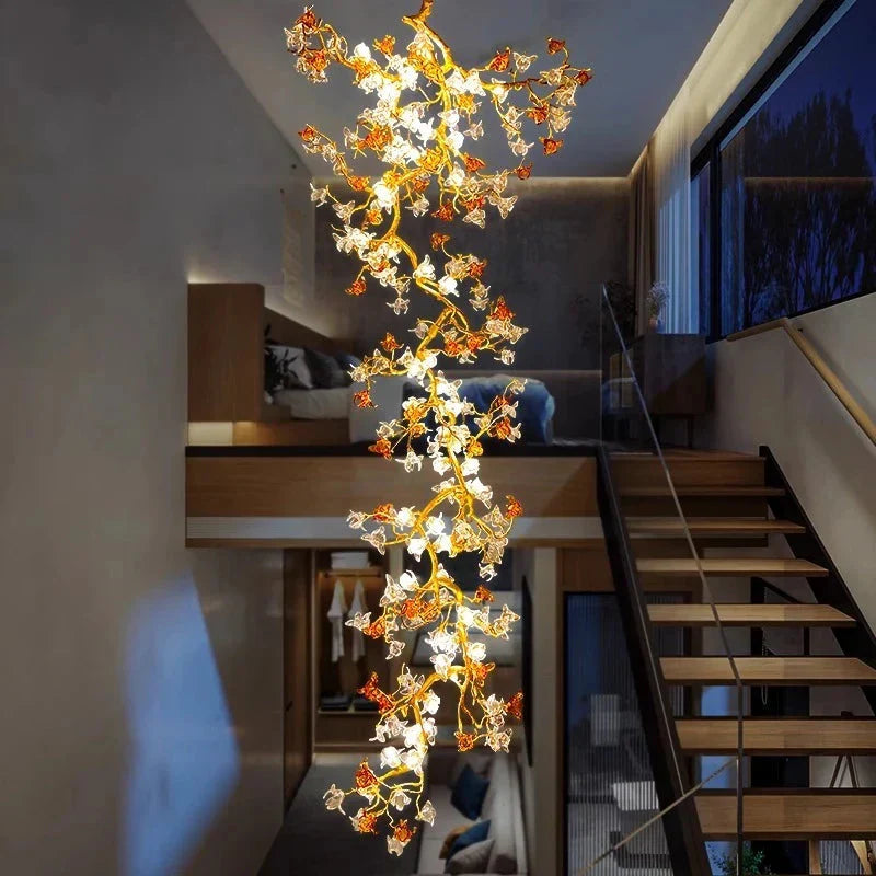 Verdant Branch Copper Vine Glass Flower Stairwell Chandelier