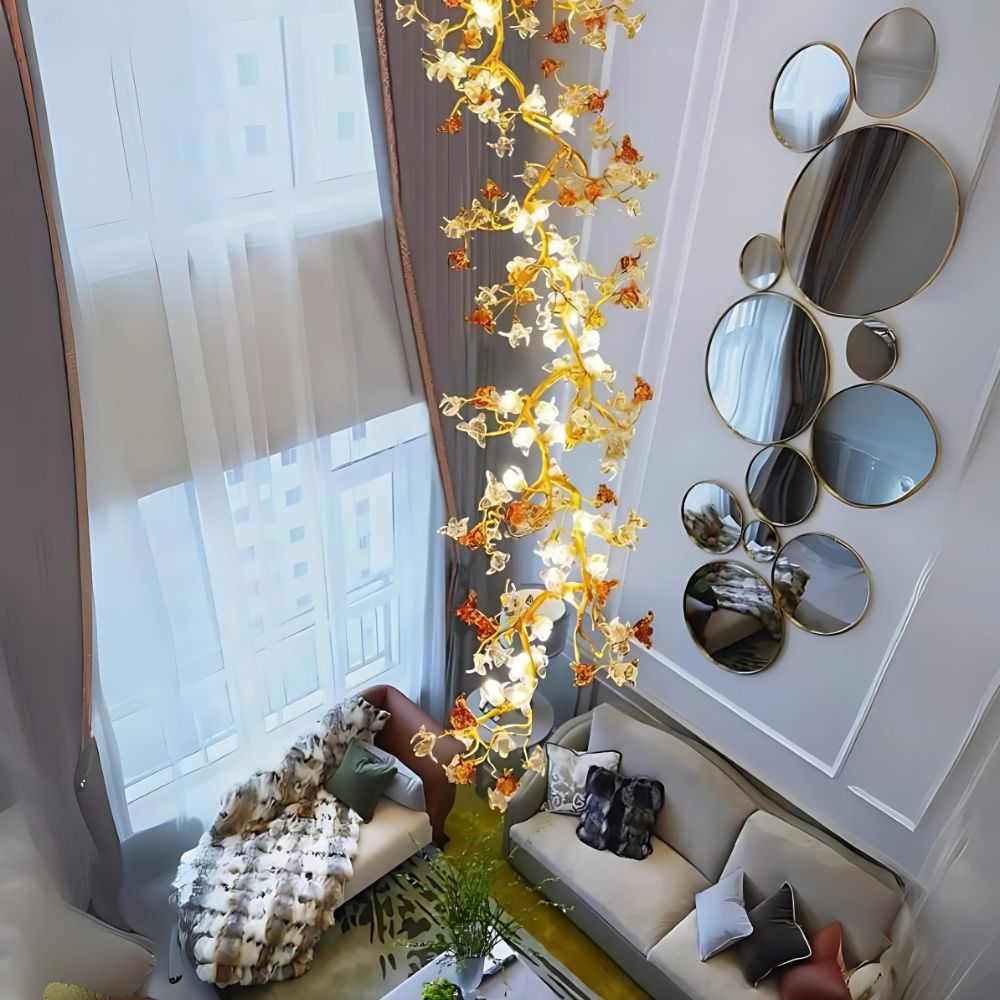 Verdant Branch Copper Vine Glass Flower Stairwell Chandelier