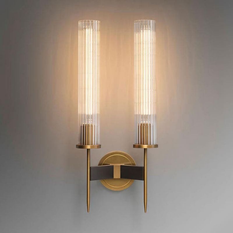 JC Double Head Industrial Wind K9 Crystal Shade Candlestick Wall Sconce, Brass