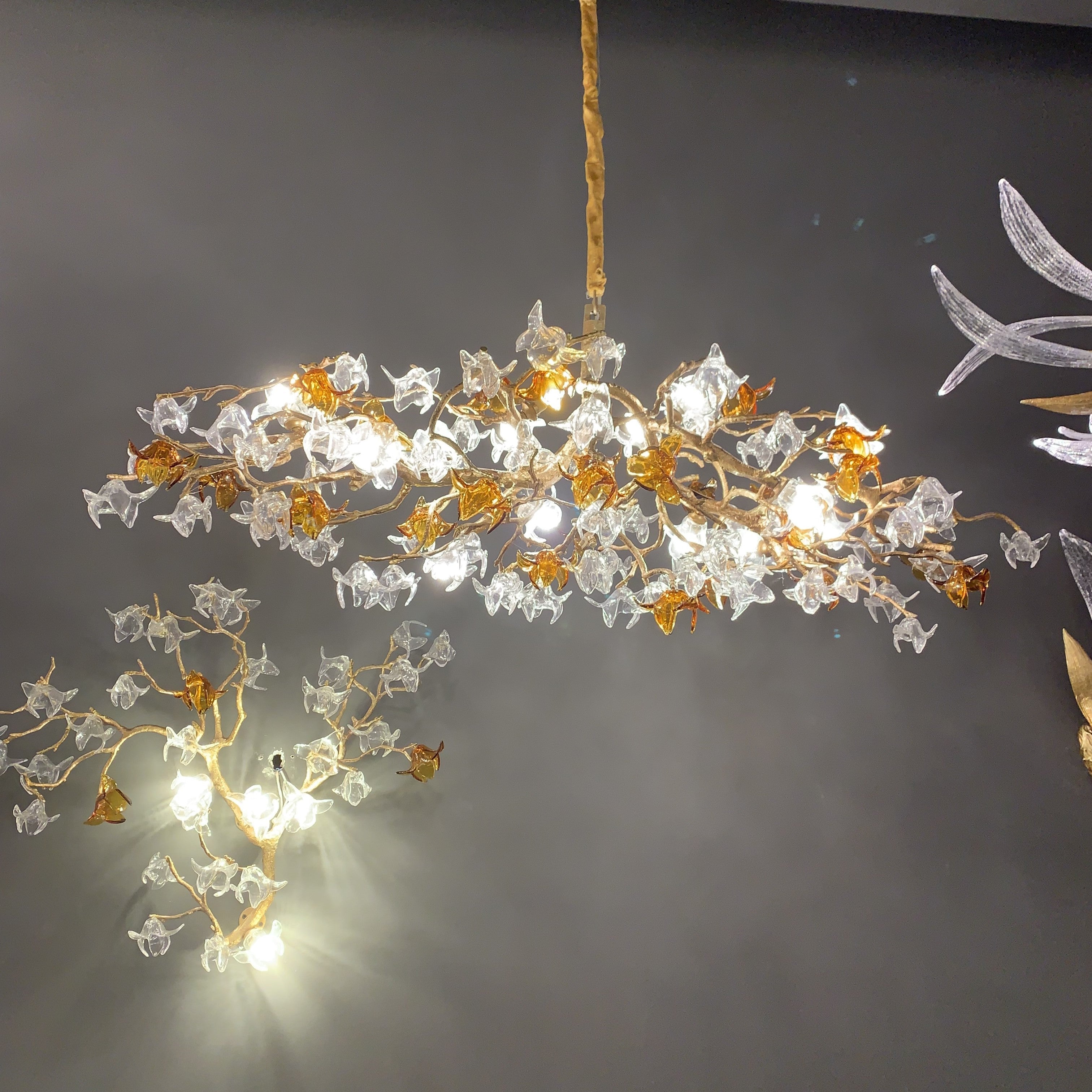 Designer Favorite Brass Branch Chandelier with Artistic Flower Glass for Dining Room Living Room and Kitchen Island