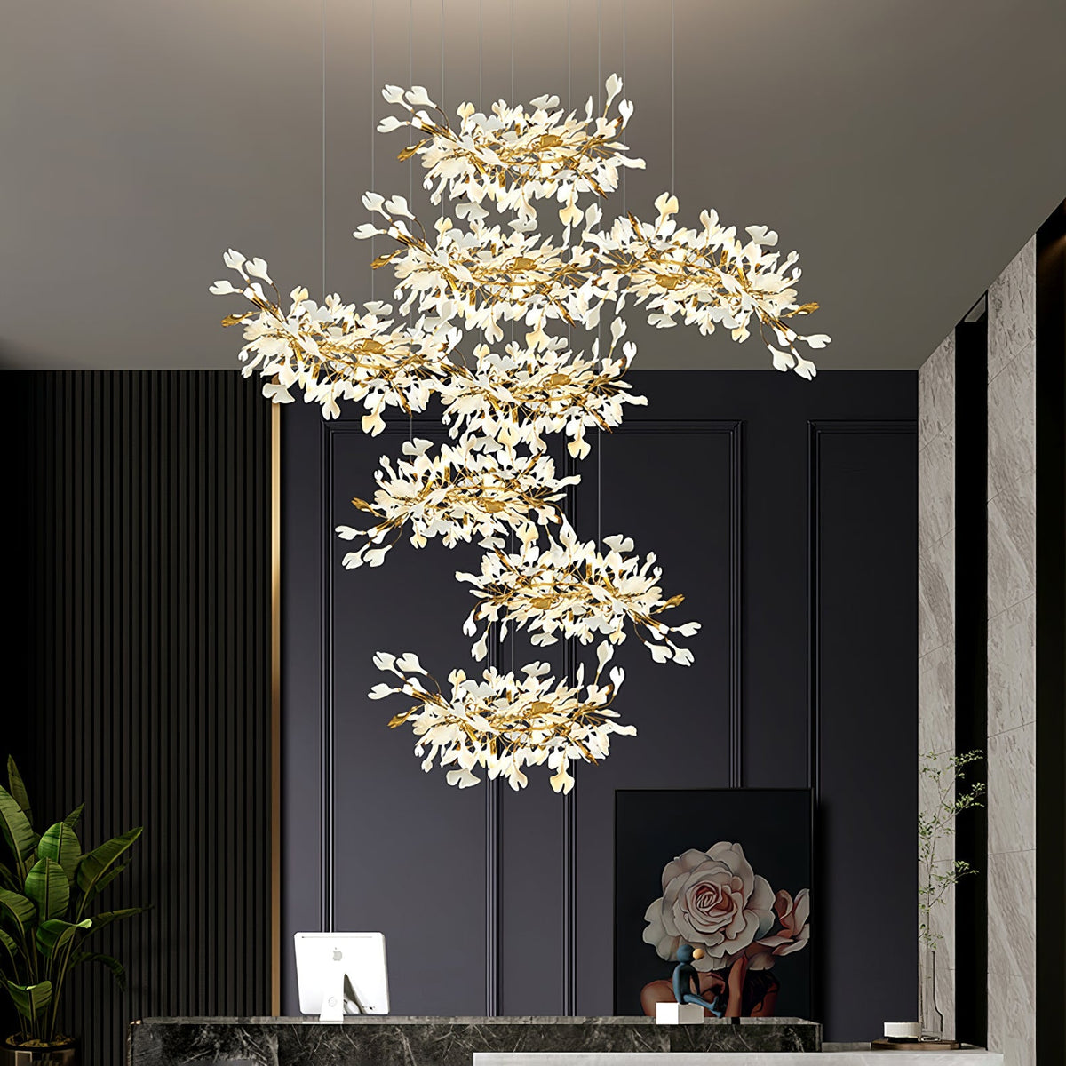 Gingko Leaves Ceramics Spiral Branch Chandelier