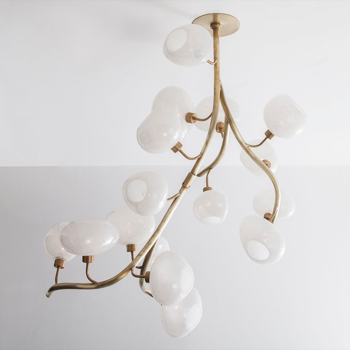 Modern Chandelier with Irregular Glass Lampshades and Brass Branches