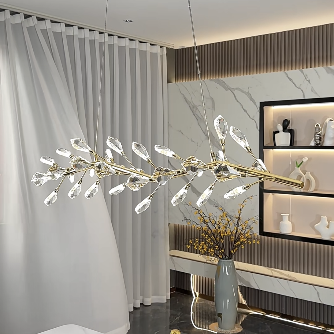 Sleek Modern Branch Crystal Leaves Linear Chandelier for Kitchen Island and Dining Room