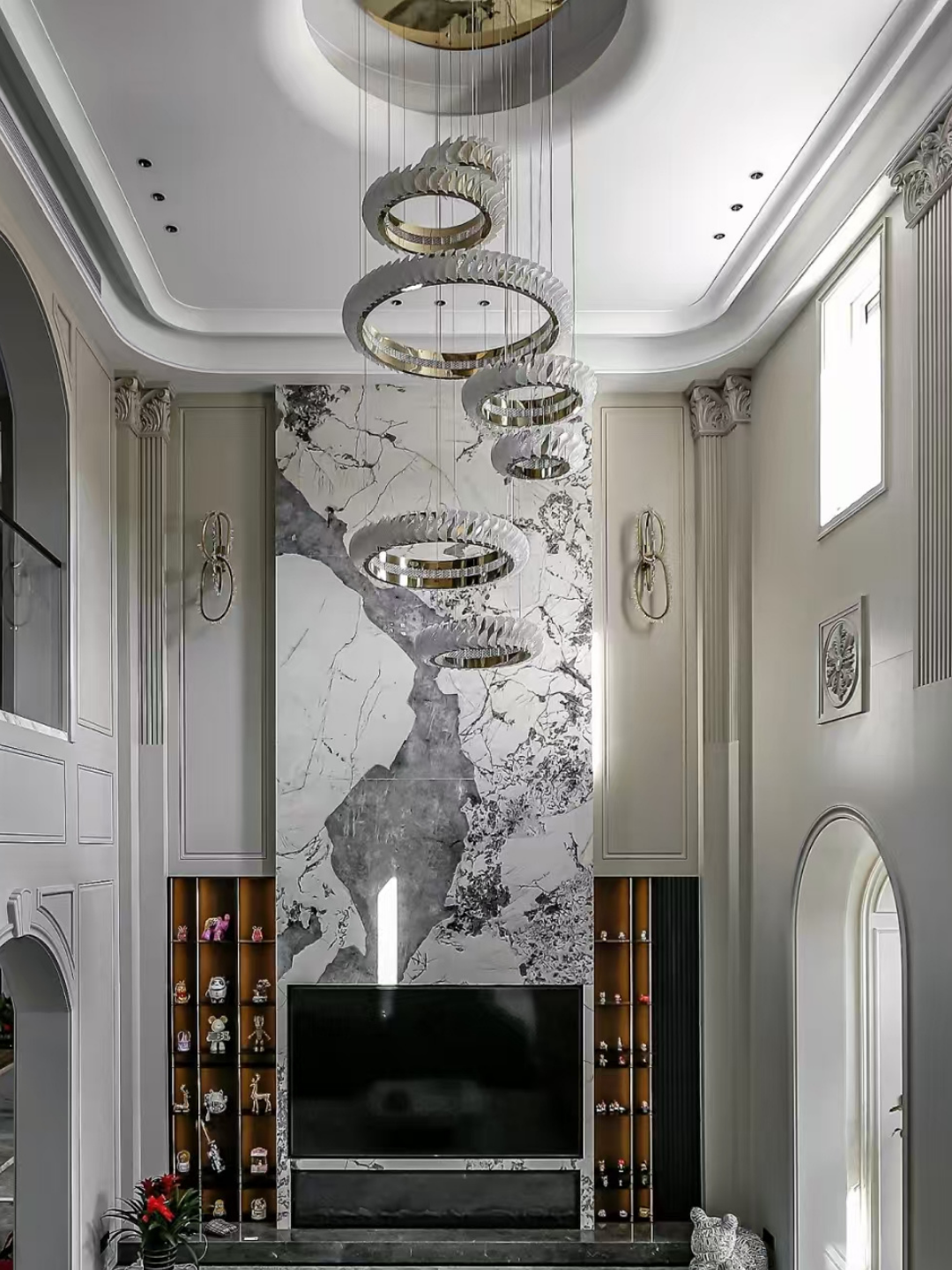 Extra Large Round Acrylic and Stainless Steel Multi-Layer Chandelier for High Ceilings