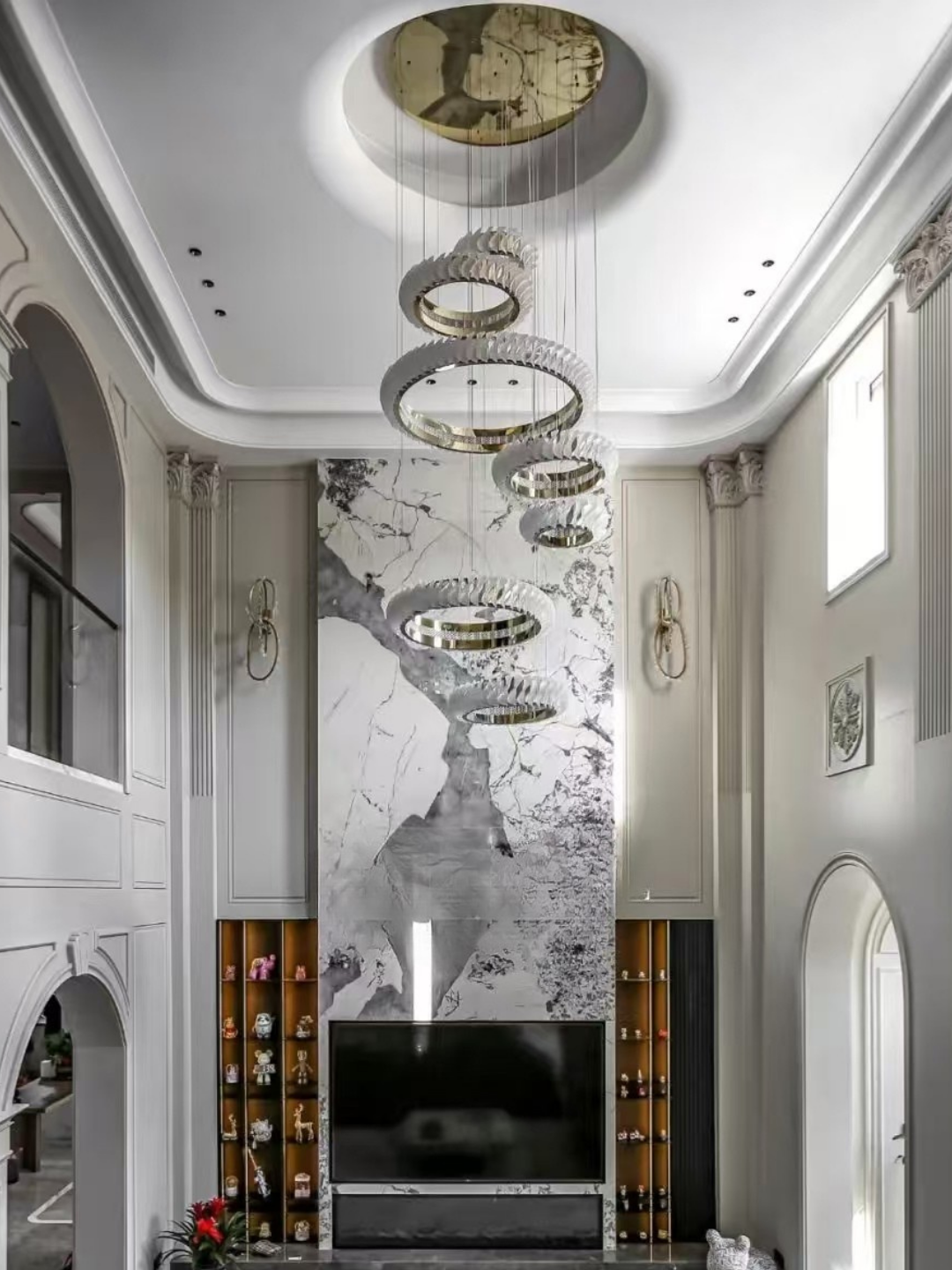 Extra Large Round Acrylic and Stainless Steel Multi-Layer Chandelier for High Ceilings