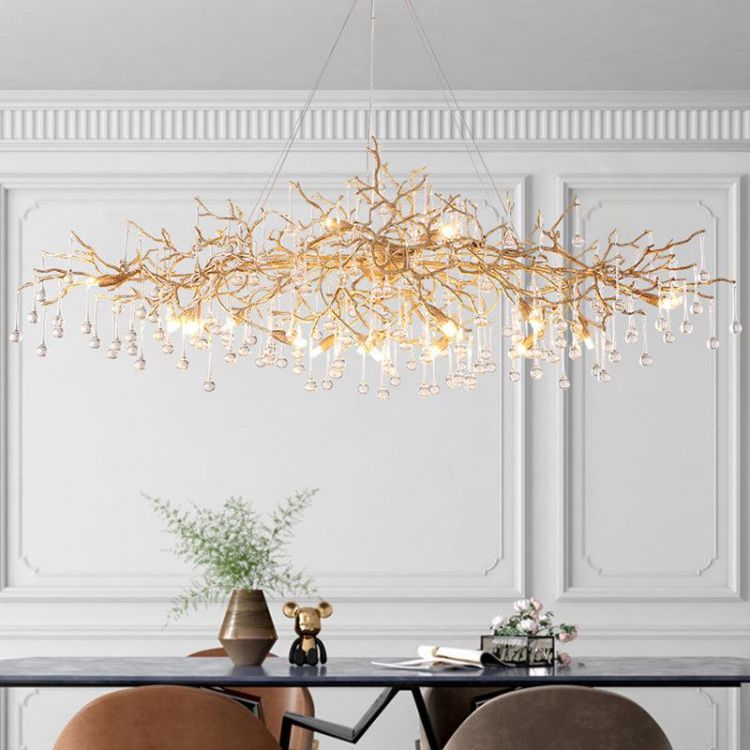 JC Arcadia Clear Teardrop Oval Dining Branch Chandelier, Brass Branch Chandelier