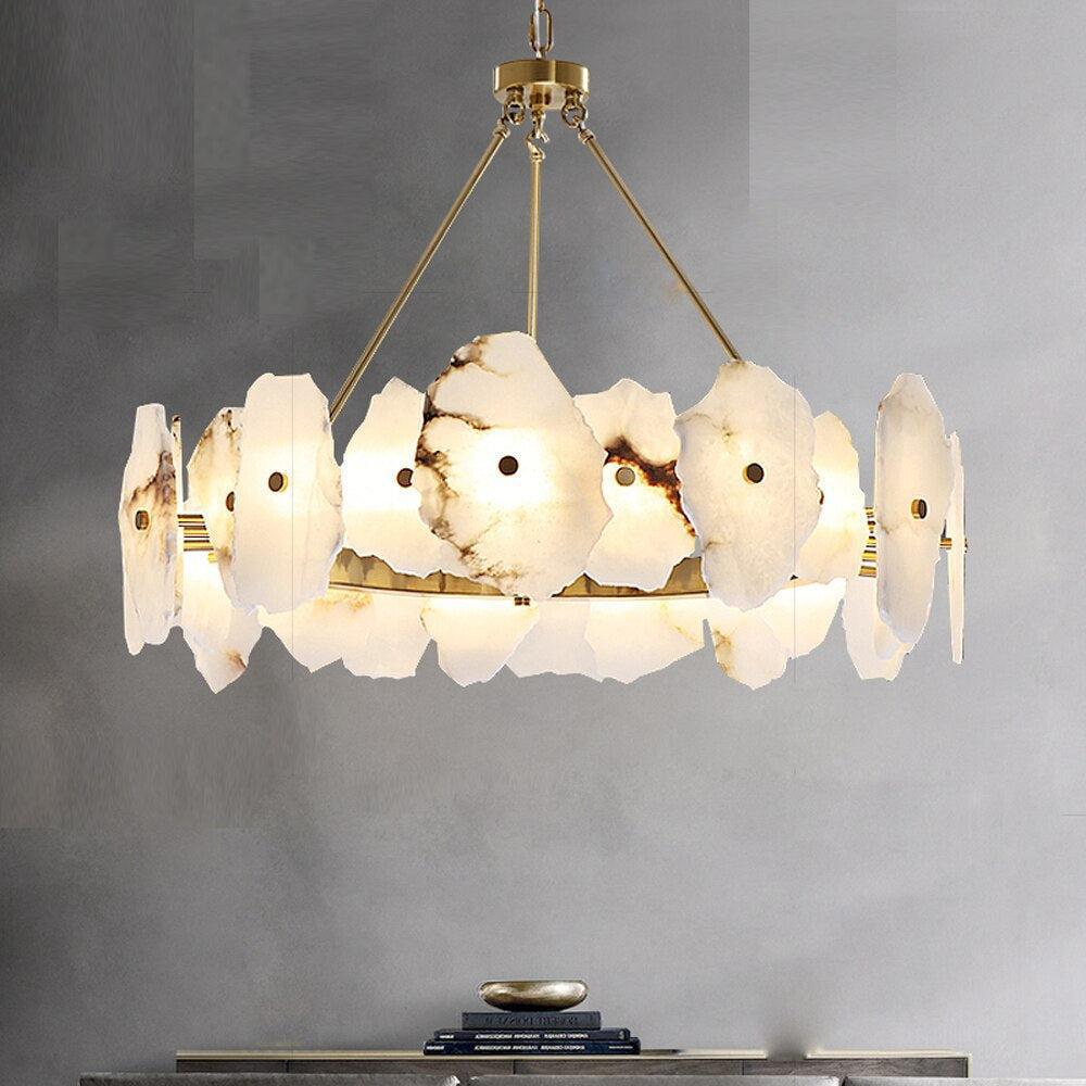 Natural Flake Alabaster Modern Round Chandelier - Merlin Lamps