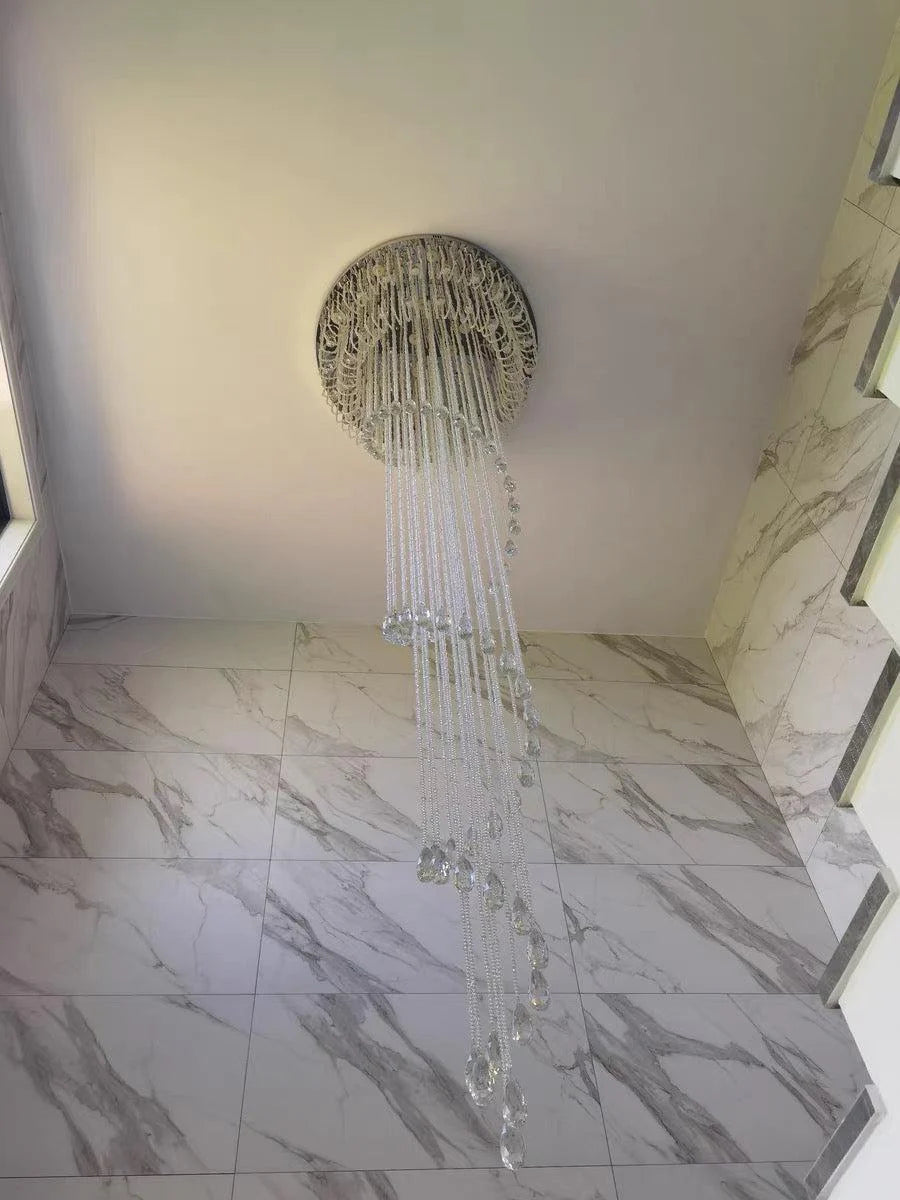 extra large, oversized, luxury, crystal, stainless steel, staircase,spiral,cascade, modern, chandelier, duplex building, China, shining