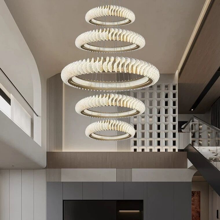 Extra Large Round Acrylic and Stainless Steel Multi-Layer Chandelier for High Ceilings