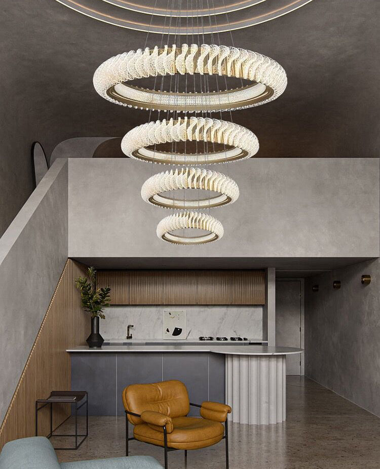Extra Large Round Acrylic and Stainless Steel Multi-Layer Chandelier for High Ceilings