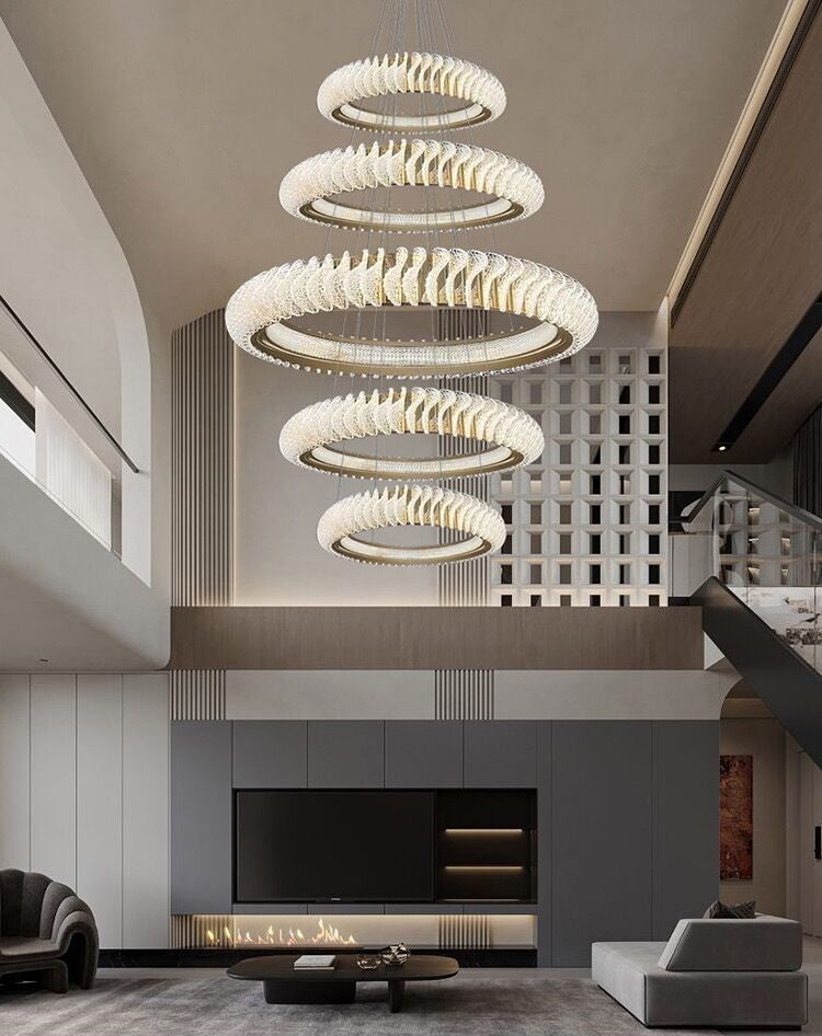 Extra Large Round Acrylic and Stainless Steel Multi-Layer Chandelier for High Ceilings