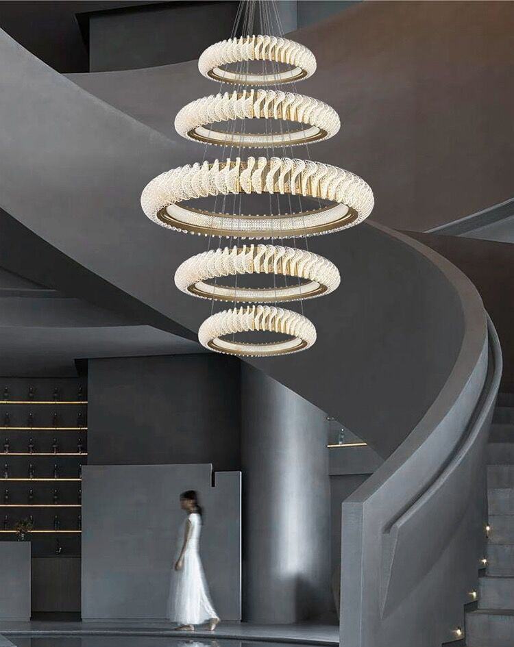 Extra Large Round Acrylic and Stainless Steel Multi-Layer Chandelier for High Ceilings