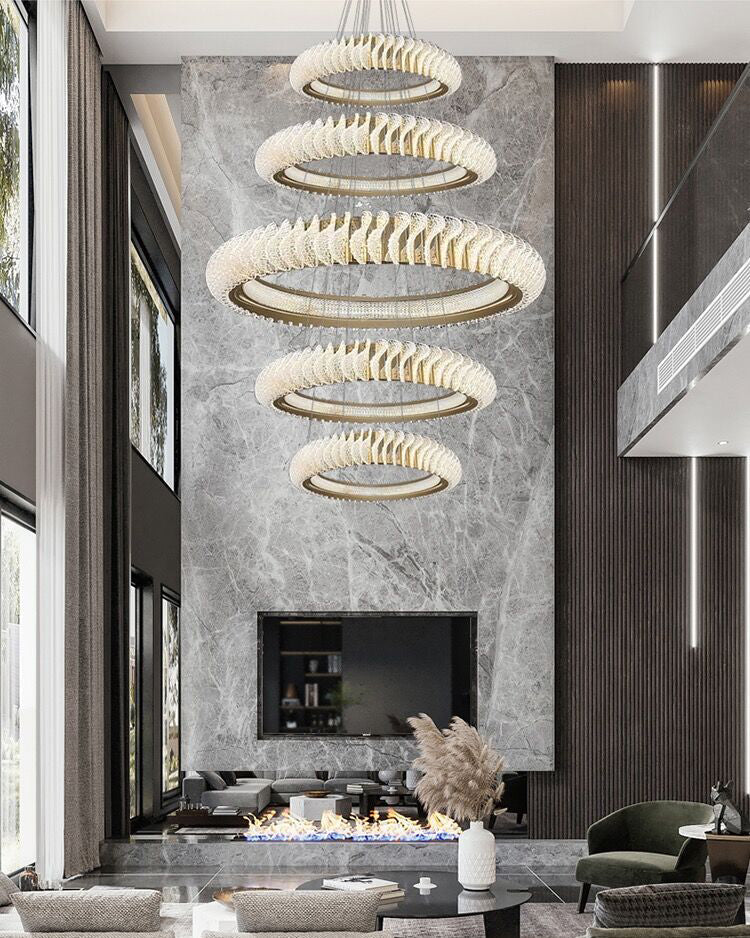 Extra Large Round Acrylic and Stainless Steel Multi-Layer Chandelier for High Ceilings