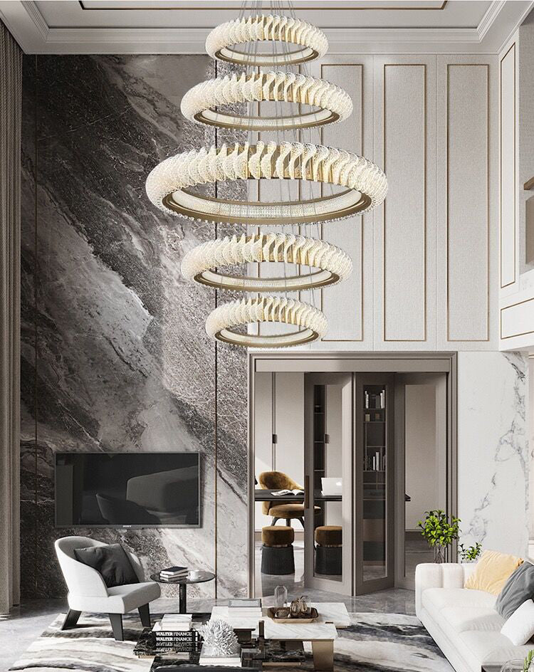 Extra Large Round Acrylic and Stainless Steel Multi-Layer Chandelier for High Ceilings