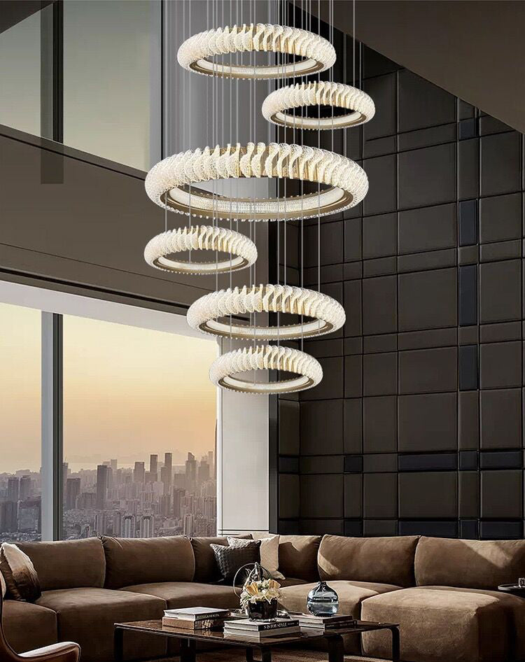 Extra Large Round Acrylic and Stainless Steel Multi-Layer Chandelier for High Ceilings