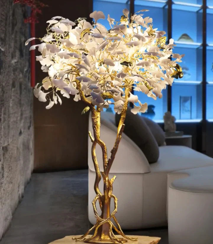 Luxury Creative White Ceramic Ginkgo Biloba Copper Branch Art Design Floor Lamps for Living Room/Bedroom/Dressing Room