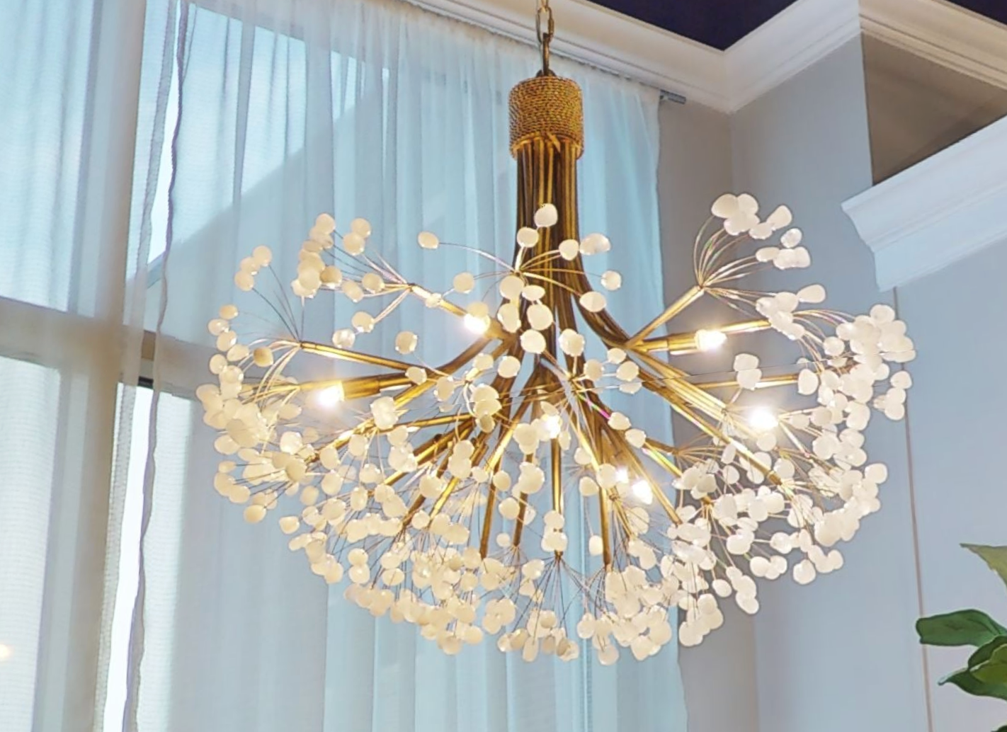 Stone Quartz Nine-Light Chandelier, Gold Leaf Finish with Natural Crystals, G9 Bulbs - Merlin Lamps