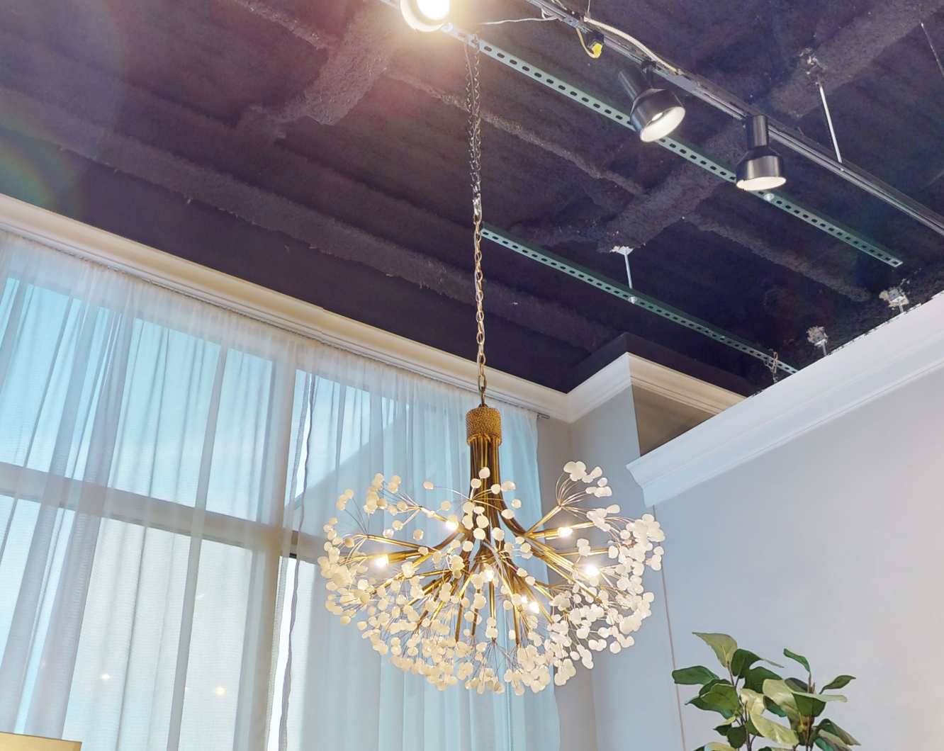 Stone Quartz Nine-Light Chandelier, Gold Leaf Finish with Natural Crystals, G9 Bulbs - Merlin Lamps