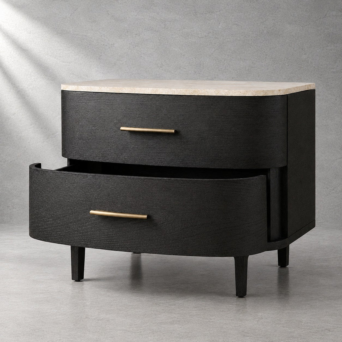 Two-Drawer Marble Top Bedside Table With Brass Pulls