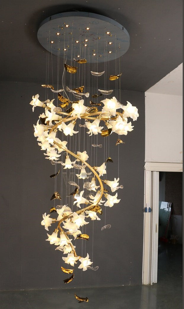 Ceramic Flower Chandelier in Artistic Brass Branch Design