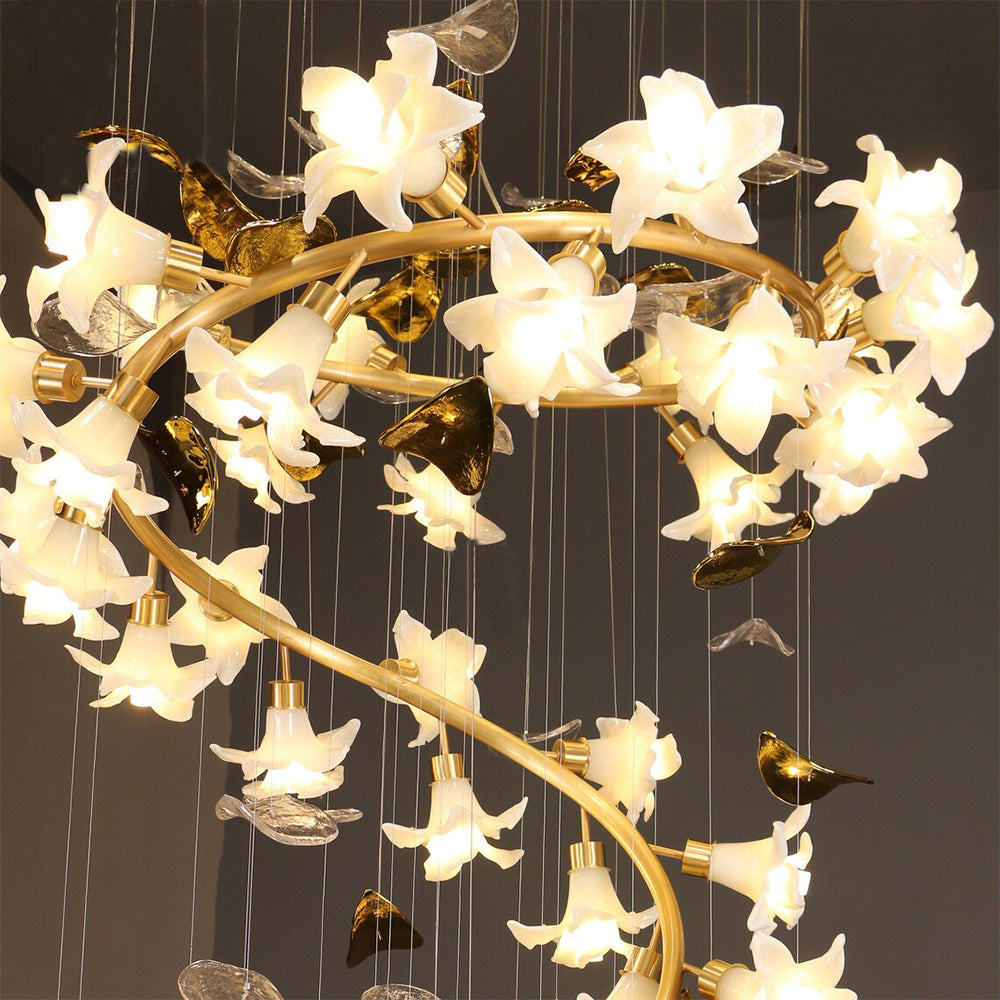 Ceramic Flower Chandelier in Artistic Brass Branch Design