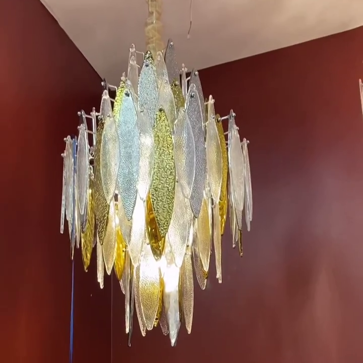 Modern Tiered Glass Maple Leaf Branch Chandelier for Living Room Dining Room and Bedroom