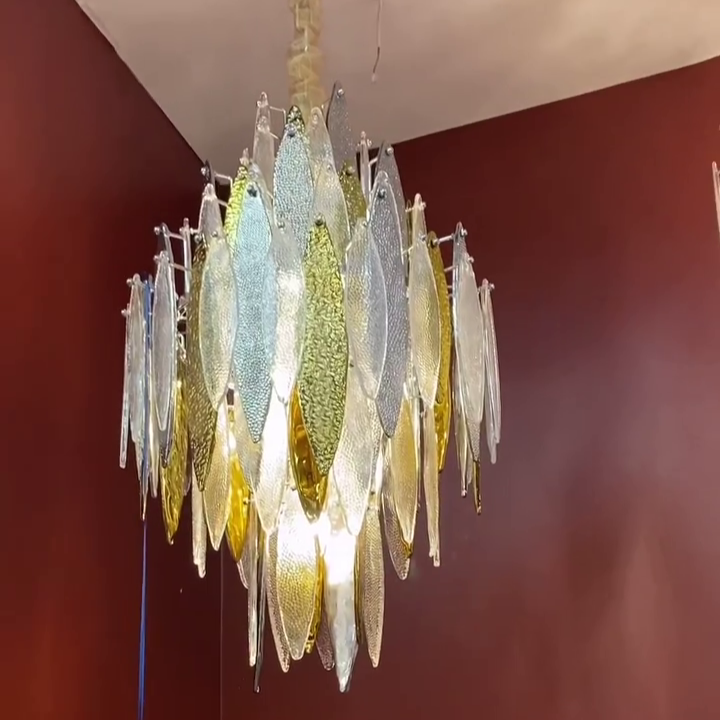 Modern Tiered Glass Maple Leaf Branch Chandelier for Living Room Dining Room and Bedroom