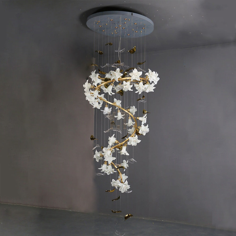 Ceramic Flower Chandelier in Artistic Brass Branch Design