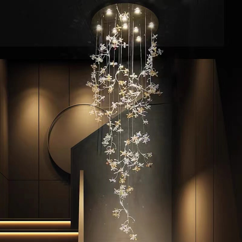 Luxury Branch Flower Crystal Chandelier for High Ceiling Staircase Foyer and Hallway Decor