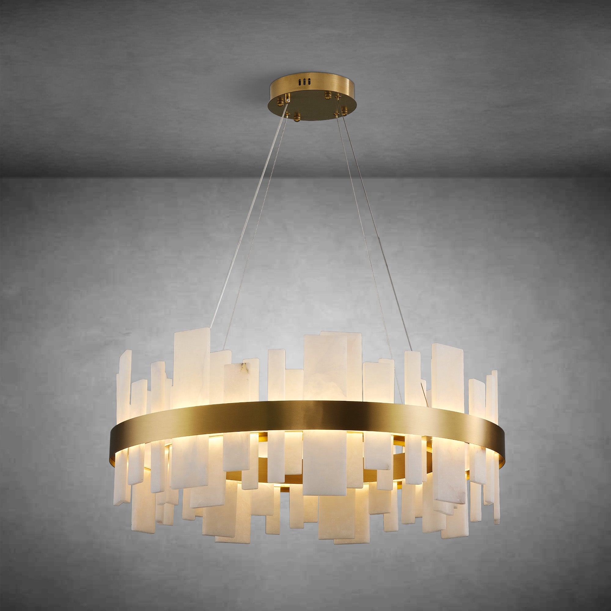 Alabaster Round Chandelier, Natural Spanish Stone Texture Chandeliers, 31.5" Adjustable Alabaster Chandelier Over Table for Living Room, Bedroom, Hallway – Modern Luxury Ceiling Lighting