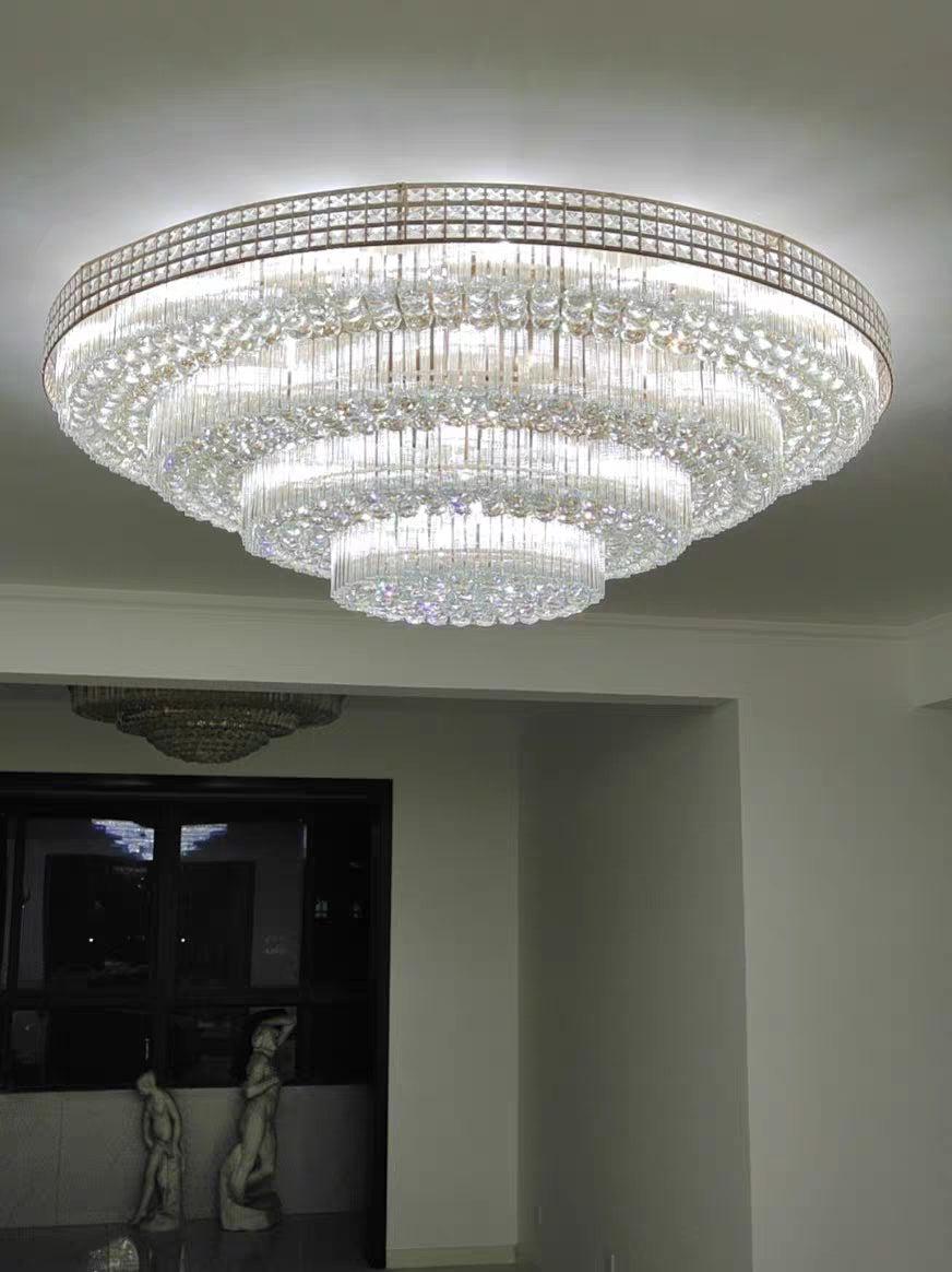 Extra Large Three Layers Round Luxury Flush Mounted Crystal Chandelier for Living Room
