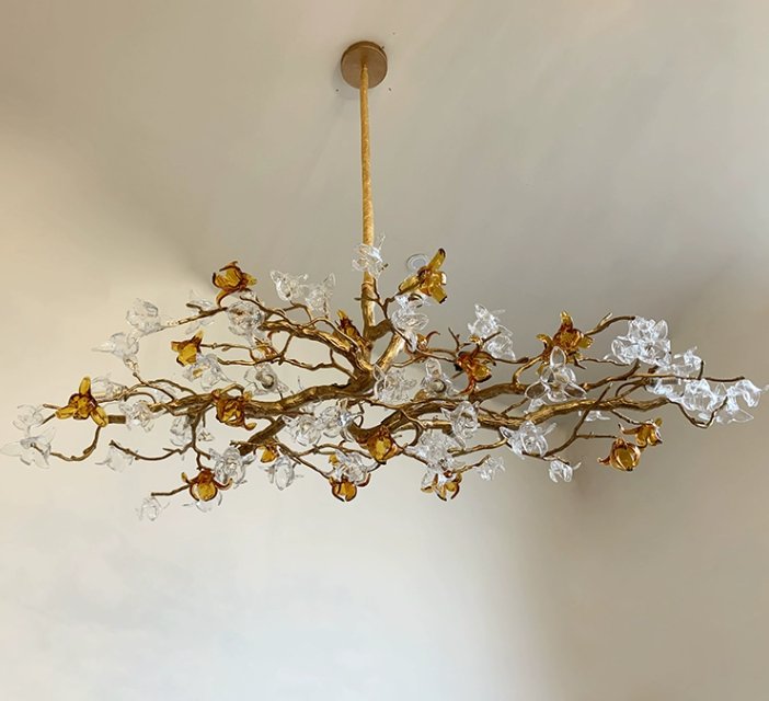 Designer Favorite Brass Branch Chandelier with Artistic Flower Glass for Dining Room Living Room and Kitchen Island